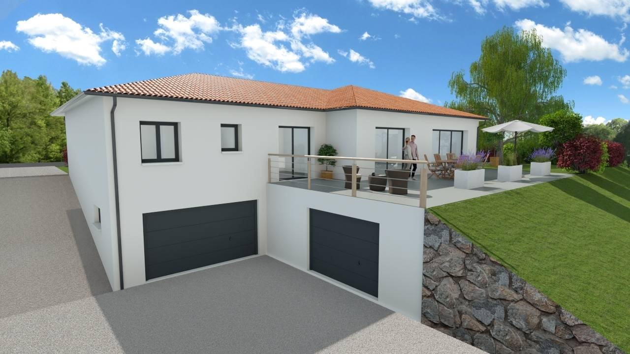 Créa-Plans - Perspective 3D d'une maisons sur sous-sol avec terrasse.